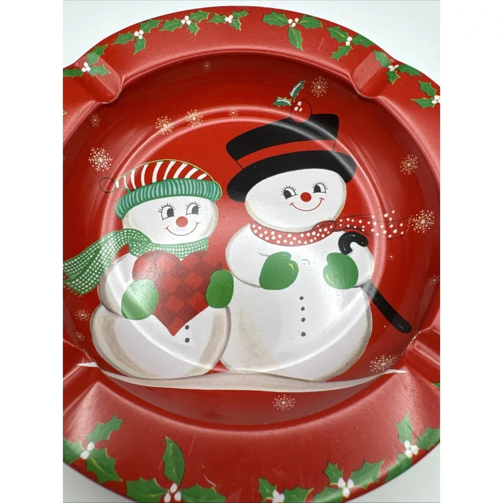 Vintage 1970s‎ SSCO Mr and Mrs Snowman Metal Ashtray Christmas